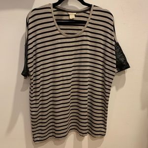 Club Monaco Striped Knit Tee w/ Leather Sleeves